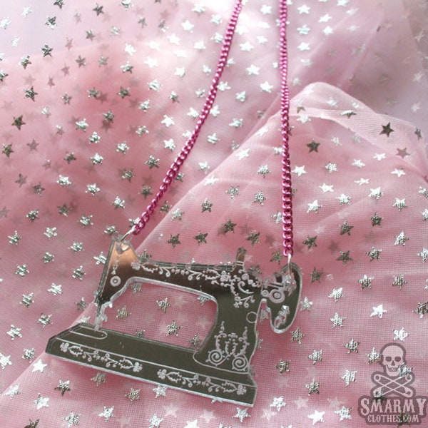 antique sewing machine necklace in silver mirror acrylic