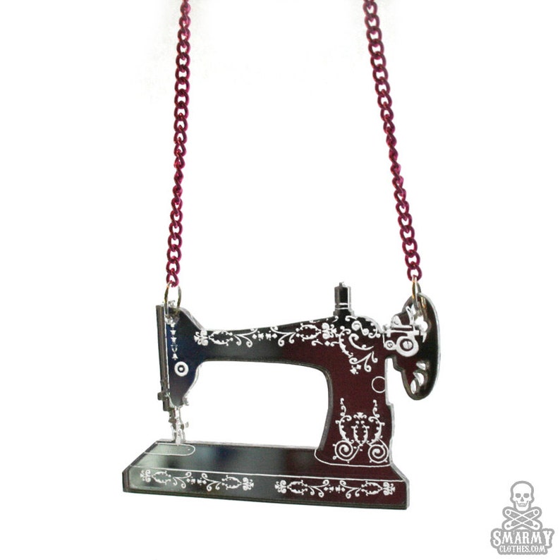 antique sewing machine necklace in silver mirror acrylic image 4