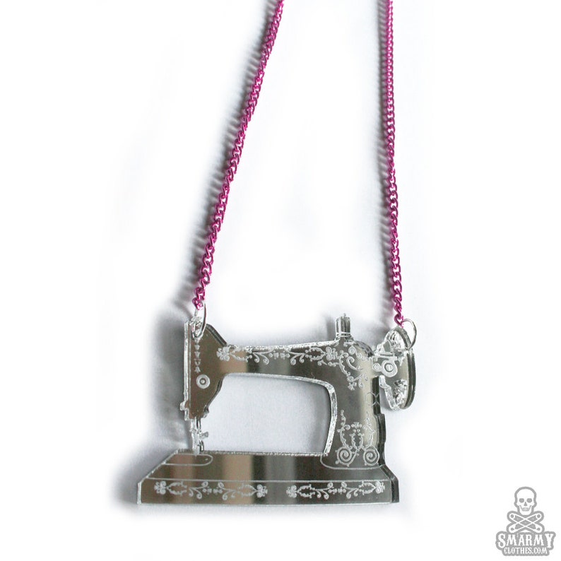 antique sewing machine necklace in silver mirror acrylic image 3