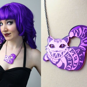 Alice in Wonderland Cheshire Cat necklace in purple mirror acrylic