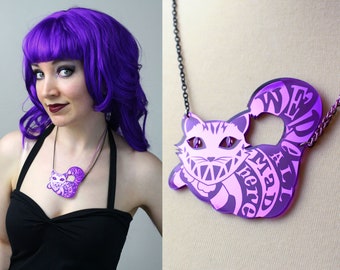 Alice in Wonderland Cheshire Cat necklace in purple mirror acrylic