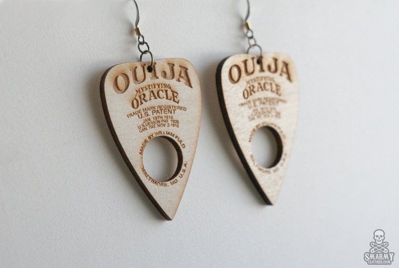 gothic Ouija planchette earrings made from real wood image 3