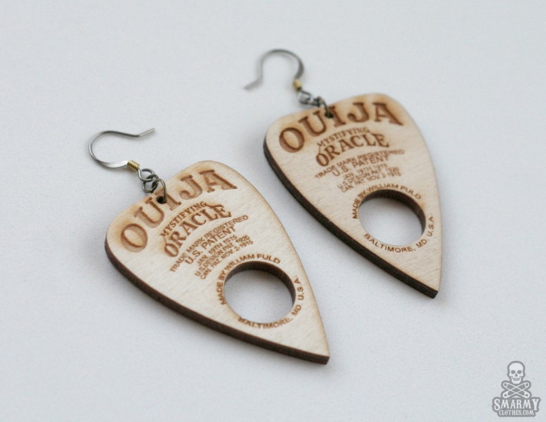 gothic Ouija planchette earrings made from real wood image 4