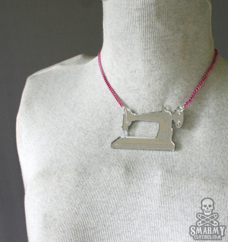 antique sewing machine necklace in silver mirror acrylic image 5