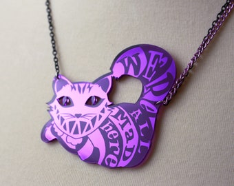 Alice in Wonderland Cheshire Cat necklace in purple mirror acrylic