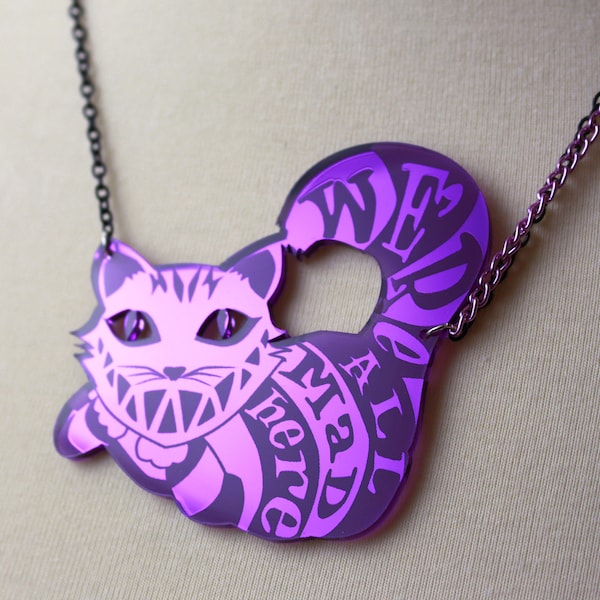 Alice in Wonderland Cheshire Cat necklace in purple mirror acrylic