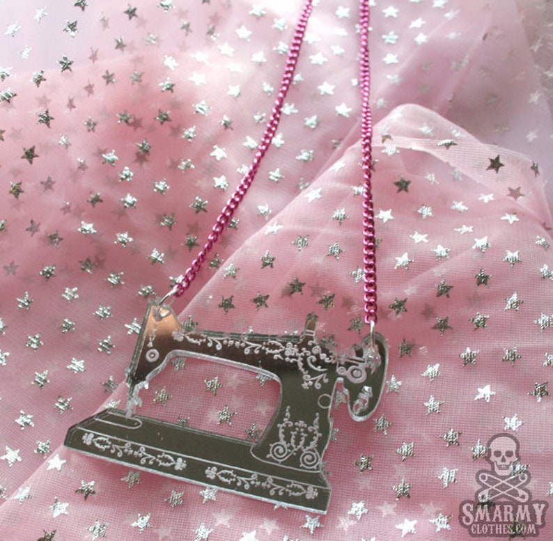 antique sewing machine necklace in silver mirror acrylic image 1