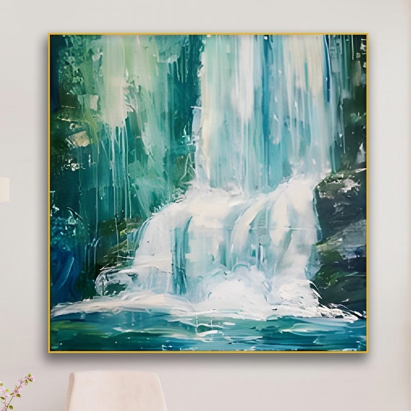 Original Waterfall Oil Painting on Canvas Large Abstract Green Landscape Minimalist Textured Wall Art Custom Modern Trendy Living Room Decor