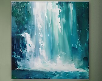 Original Waterfall Oil Painting on Canvas Large Abstract Green ...
