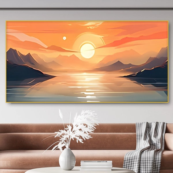 Original Sea Sunrise Oil Painting on Canvas Large Abstract Orange Seascape Mountain Landscape Wall Art Custom Modern Trendy LivingRoom Decor