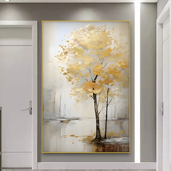 Original Tree Oil Panting on Canvas Large Abstract Textured Minimalist Golden Landscape Wall Art Modern Boho Fashion Living Room Home Decor