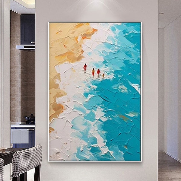 Original Beach Oil Painting on Canvas, Large Abstract 3D Textured Blue Sea Wave Wall Art Custom Modern Boho Fashion Living Room Home Decor