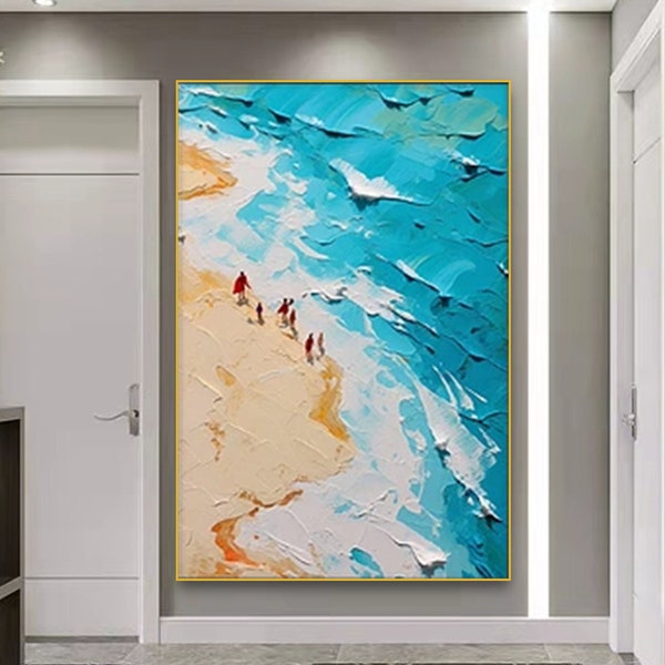 Original Beach Oil Painting on Canvas, Large Abstract 3D Textured Blue Sea Wave Wall Art Custom Modern Boho Fashion Living Room Home Decor