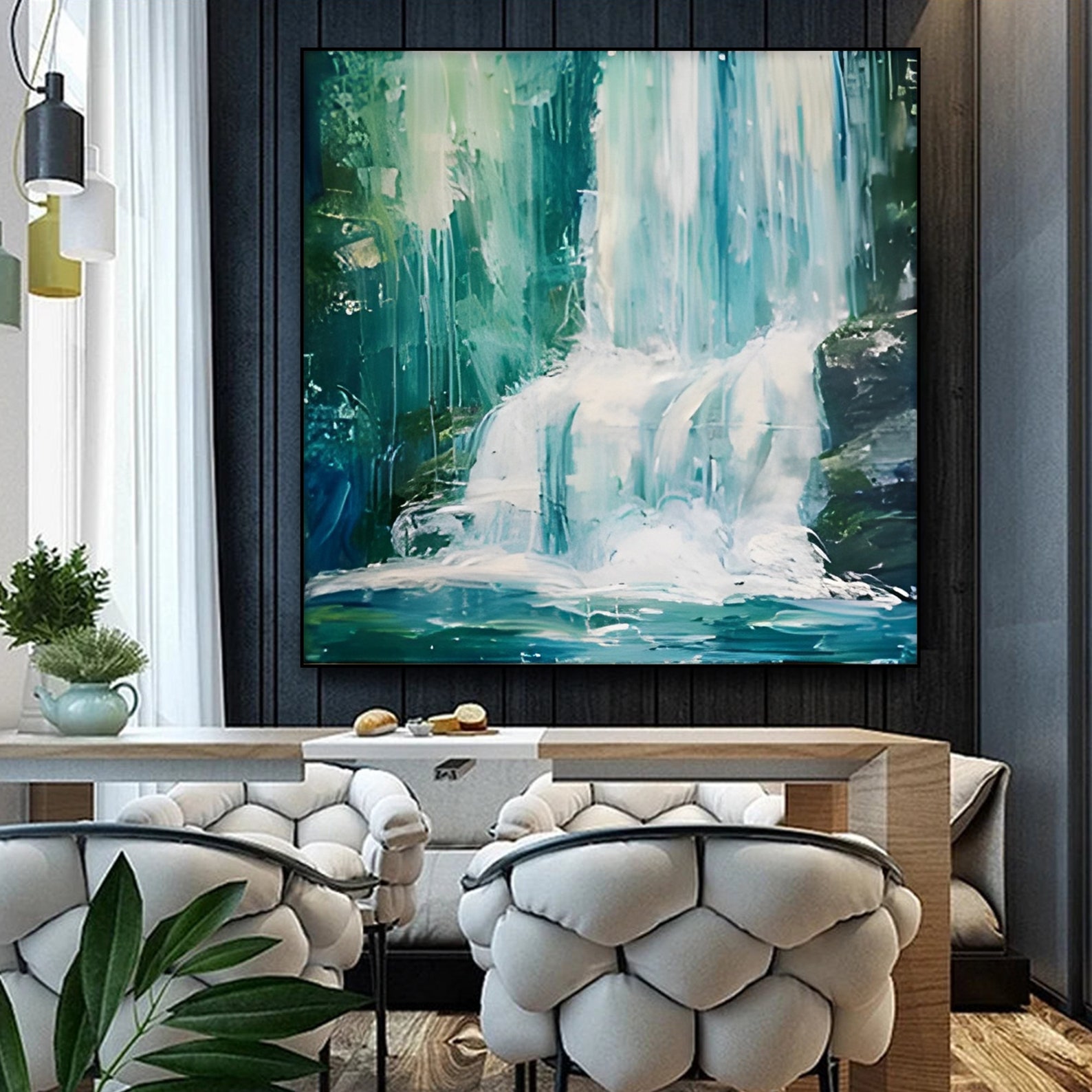Original Waterfall Oil Painting on Canvas Large Abstract Green ...