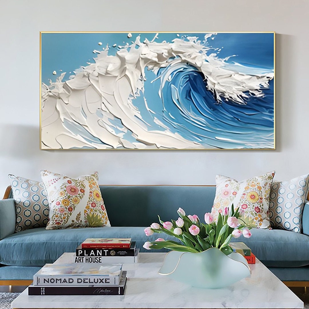 Original Blue Ocean Wave Oil Painting on Canvas Large Abstract Textured ...