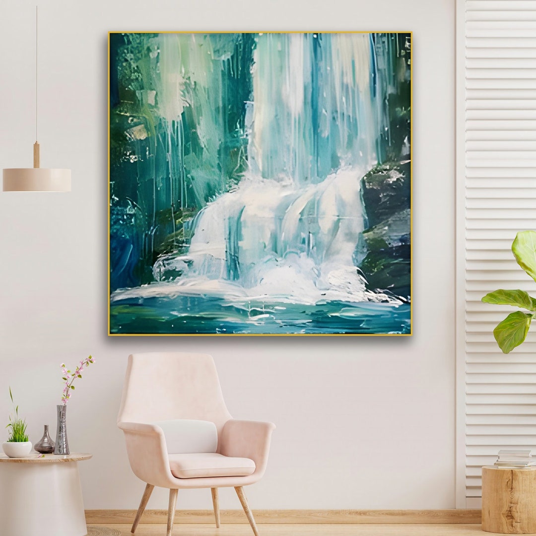Original Waterfall Oil Painting on Canvas Large Abstract Green ...