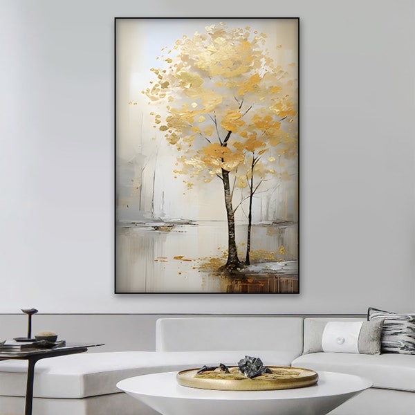 Original Golden Tree Landscape Oil Panting Custom-made Large Abstract 3D Textured Minimalist Wall Art Modern Personalized Living Room Decor