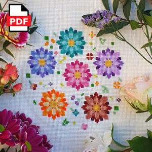 Flowers Spring Cross Stitch Pattern - Beginner Friendly - Modern Colourful Cross Stitch - Digital PDF Instant Download