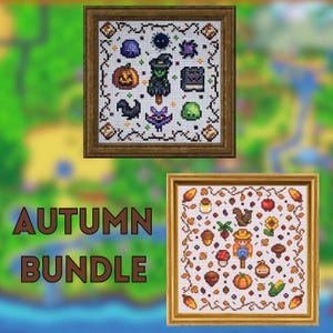 May include: Two framed cross-stitch samplers. The top sampler features Halloween-themed motifs like a witch, pumpkin, and bat. The bottom sampler showcases autumn elements, including a farmer, corn, and acorns. The text "AUTUMN BUNDLE" is displayed.
