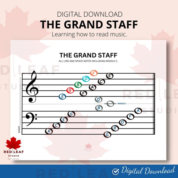 Music theory | The Grand Staff | Sight Reading | Piano | Printable| PDF| PNG |Music png| US Letter