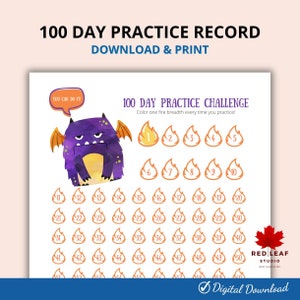 Sweet Dragon 100 Day Practice Record | Music | Practice log | Piano Practice | Habit Tracker | Printable | PDF | USLETTER