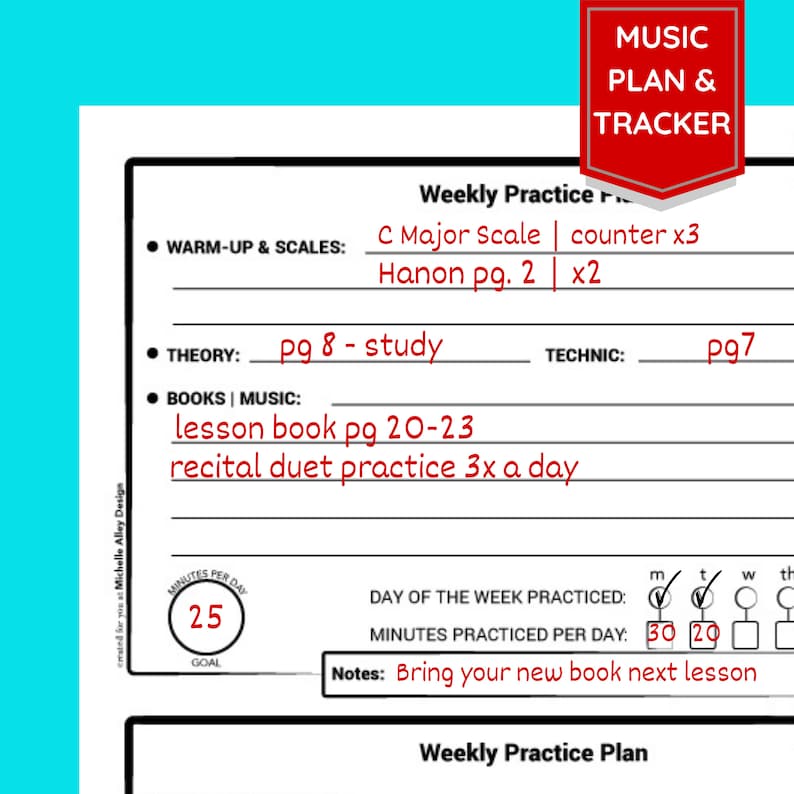 Music Assignment Sheet | Weekly Piano Lesson Tracker | Music Practice ...