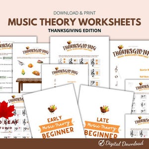 May include: Printable Thanksgiving-themed music theory worksheets for early and late beginner students. The worksheets feature a variety of musical concepts, including note values, rhythms, and music notation. The worksheets are decorated with fall-themed illustrations, such as turkeys, leaves, and pumpkins.
