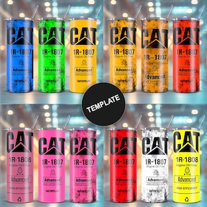 May include: A collection of insulated tumblers in various colors, each featuring the "CAT" logo and "1R-1807 Engine Oil Filter" text. The tumblers have a straw and a lid. The colors include blue, green, yellow, orange, red, pink, and white.