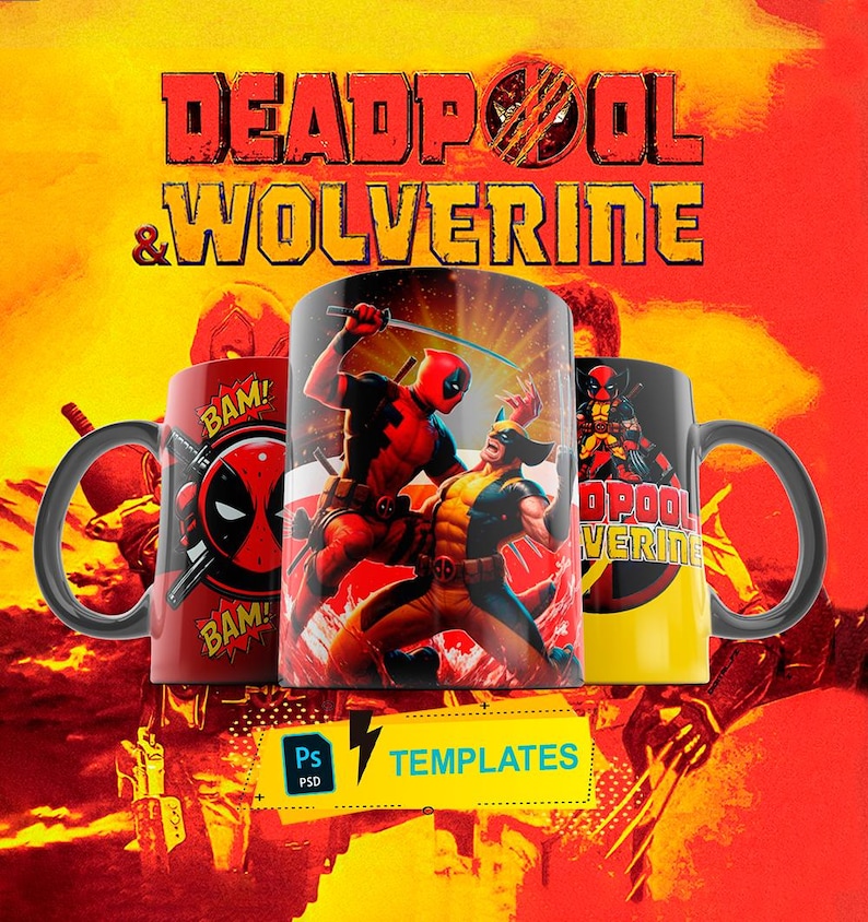 Pu&ograve; includere: Tre tazze in ceramica nera con immagini colorate di Deadpool e Wolverine. Le tazze presentano il testo "Deadpool & Wolverine" e "BAM!" Le tazze sono su uno sfondo rosso e giallo.