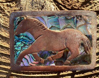 Abalone Shell Belt Buckle: Engraved Silver, Turquoise Inlay  display picture 3