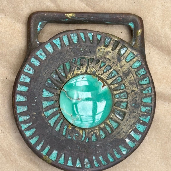 Green Genuine Turquoise Belt Buckle. Beautiful Vintage Trinity Belt Buckle Co Buckle. Full Brass.