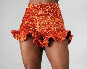 Orange Sequin Ruffle Shorts