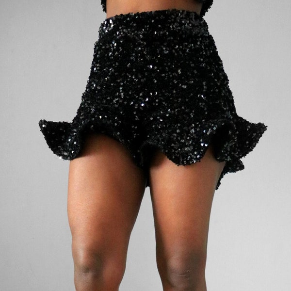 Black Sequin Ruffle Shorts Women’s Sparkly Shorts Birthday Shorts Outfit Summer Hot Shorts Pants Ruffle Girly Shorts Shorts