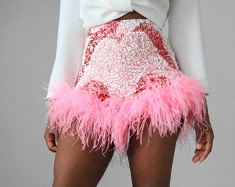 Pink & White Sequin Feather Shorts