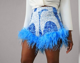 Blue & White Swirl Sequin Feather Shorts