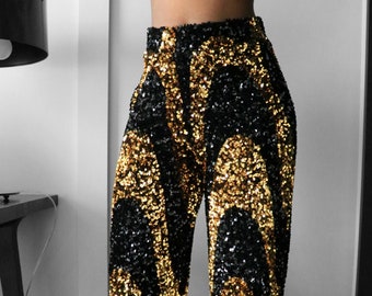Black & Gold Sequin Swirl Print Pants Fancy Sequin Pants Women’s Birthday Party Pants High Waist Wide Leg Pants Black Tie Dressy Pants