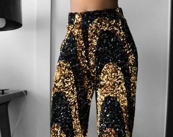 Black & Gold Sequin Swirl Wide Leg Pants