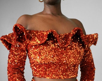 Orange Sequin Ruffle Off The Shoulder Crop Top