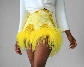 Yellow & White Swirl Sequin Feather Shorts