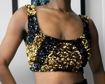 Black/Gold Sequin Swirl Bow Back Crop Top Women Sequin Top Sequin Shirt Women Party Crop Top