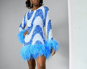 Sequin Swirl Ostrich Feather Backless Mini Dress