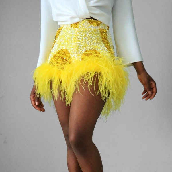 Yellow & White Swirl Sequin Feather Shorts