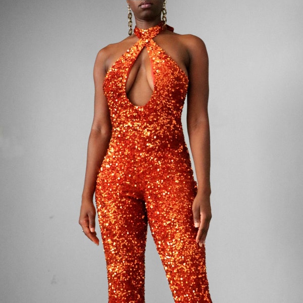 Orange Sequin Halter Backless Flare Jumpsuit Romper Women Sparkly Birthday Jumpsuit Wedding Guest Jumpsuit Keyhole Summer Sequin Jumpsuit