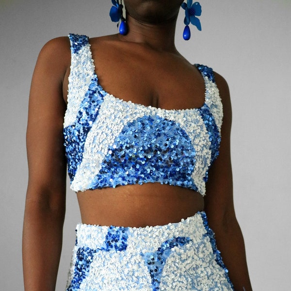 Blue Sequin Swirl Bow Back Crop Top Women Sequin Top Sequin Shirt Women Party Crop Top