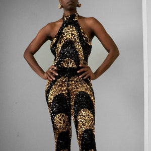 Black & Gold Sequin Halter Flare Pants Jumpsuit