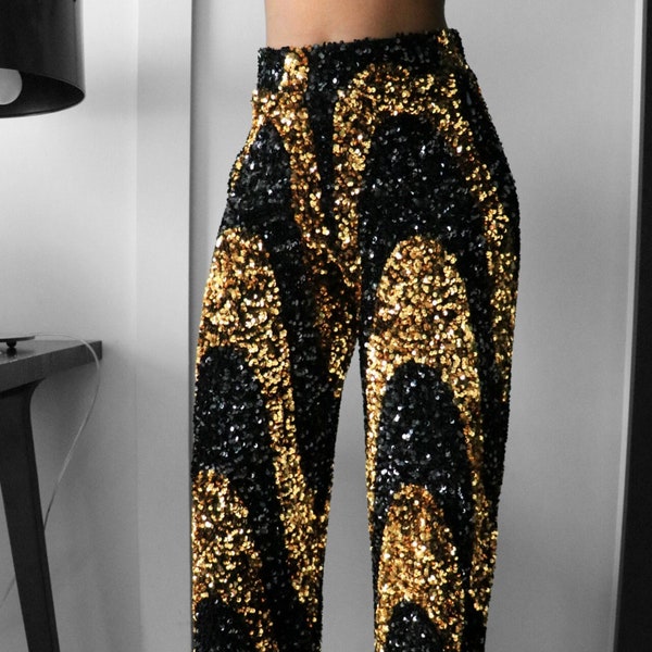 Black & Gold Sequin Swirl Wide Leg Pants