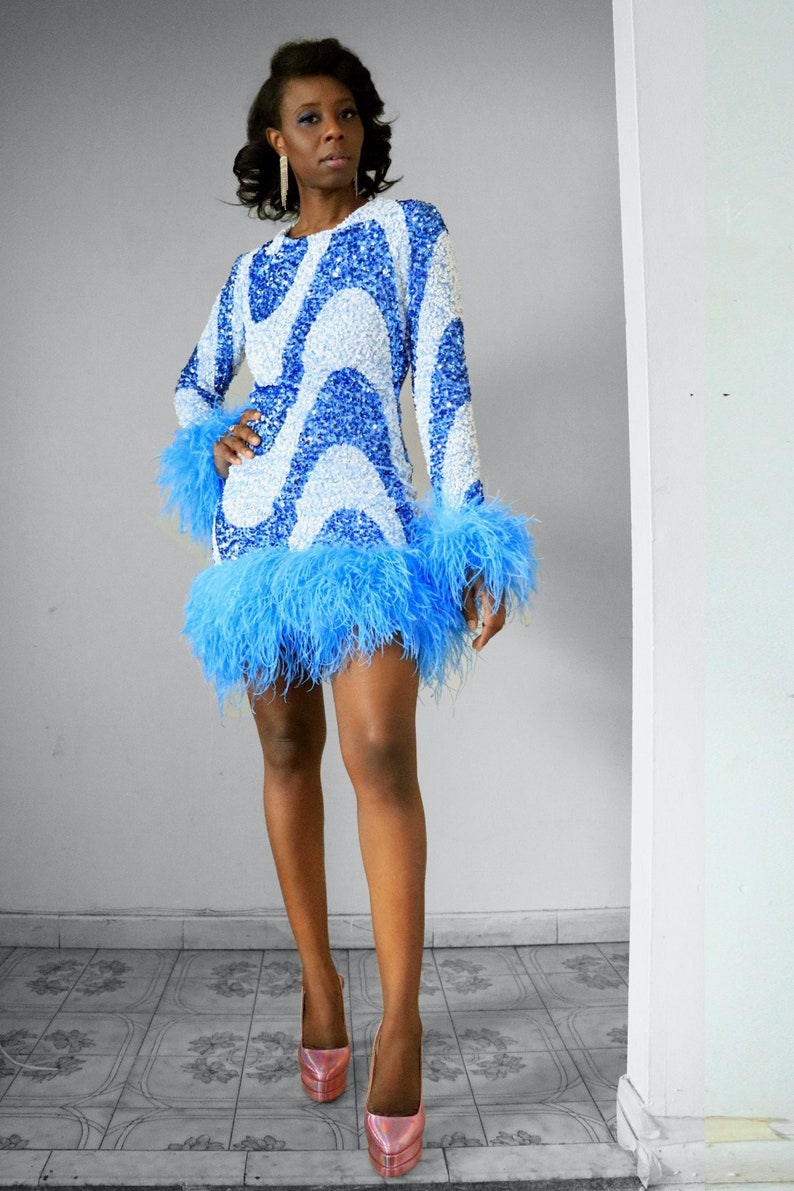 Blue Sequin Swirl Ostrich Feather Backless Mini Dress Women Sequin Dress Birthday Party Sequin Dress image 1