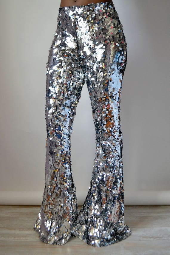 silver sequin flared trousers