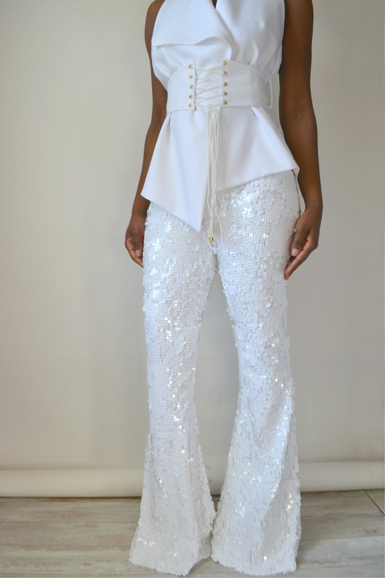 white sequin pants outfit