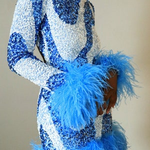 Blue Sequin Swirl Ostrich Feather Backless Mini Dress Women Sequin Dress Birthday Party Sequin Dress image 3